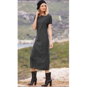 PERUVIAN CONNECTION Striped Maxi Dress Black Gray Knit Size Large Short Sleeve